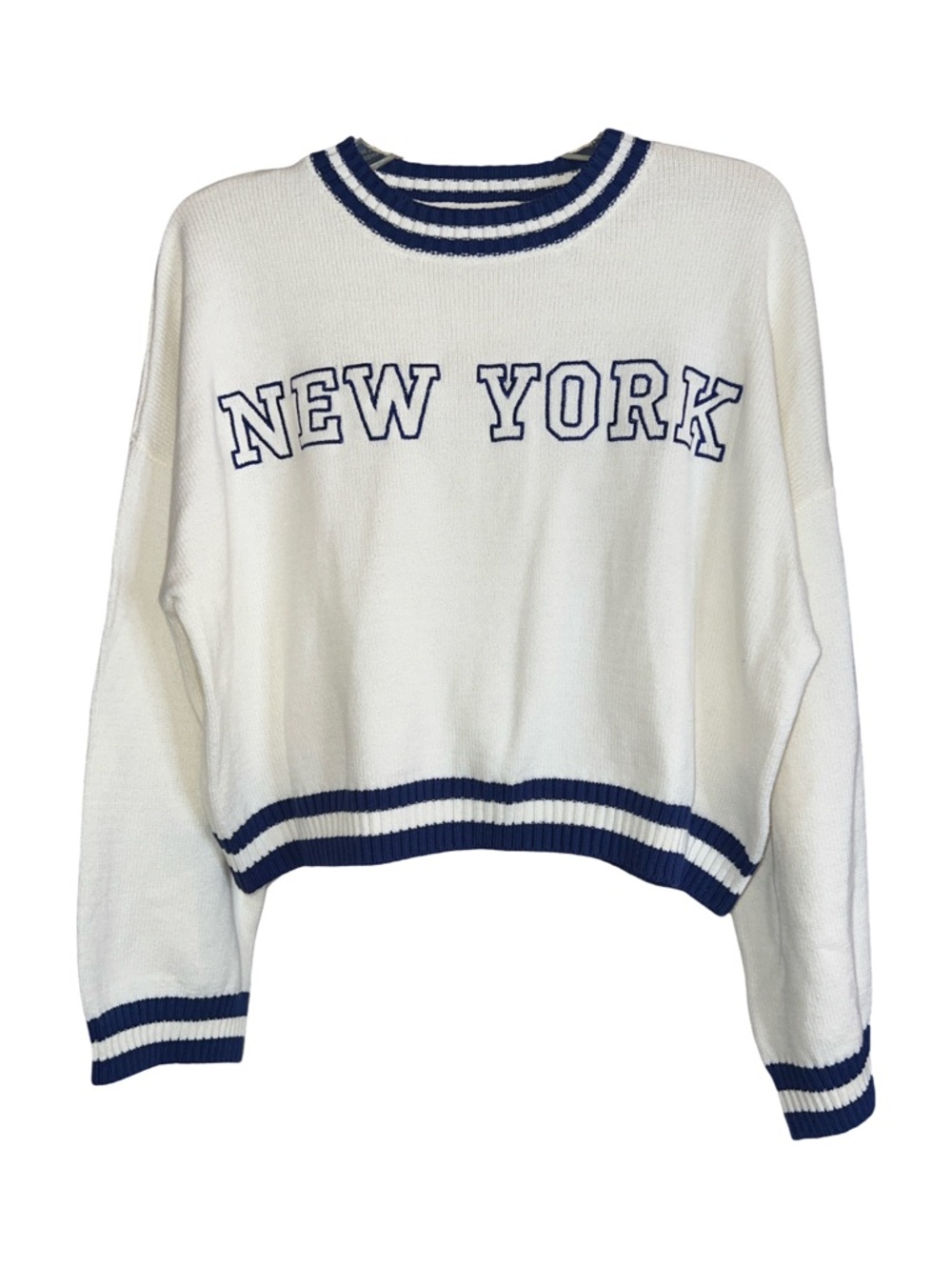 Sincerely Jules Blue White New York Cropped Cotton Blend Sweater Medium